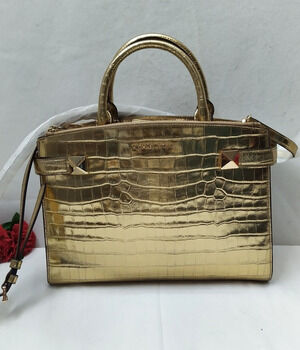 Michael Kors Karla Metallic Gold Leather Crocodile Embossed Satchel Bag